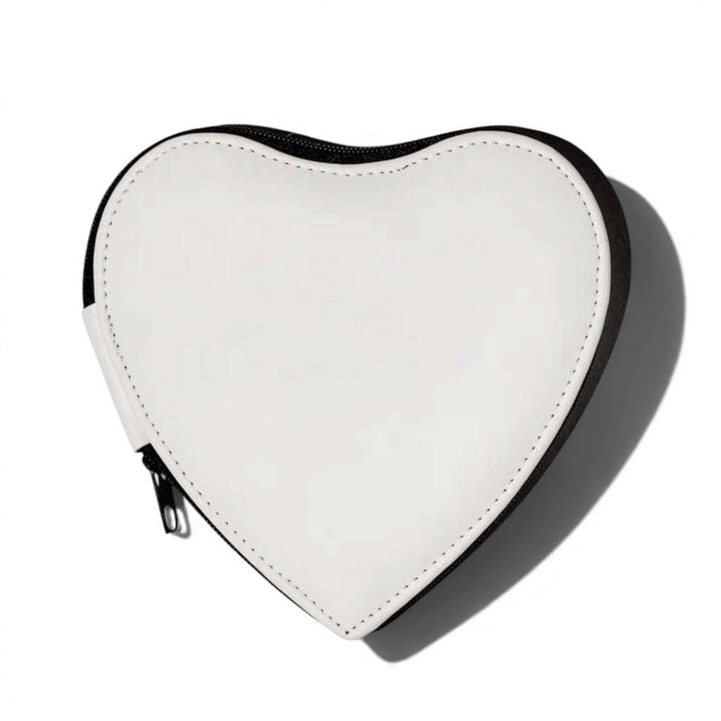 Heart-shaped white tweezer pouch with a black zipper on a white background