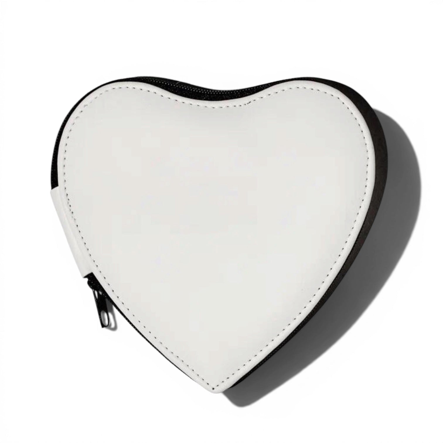 Heart-shaped white tweezer pouch with a black zipper on a white background