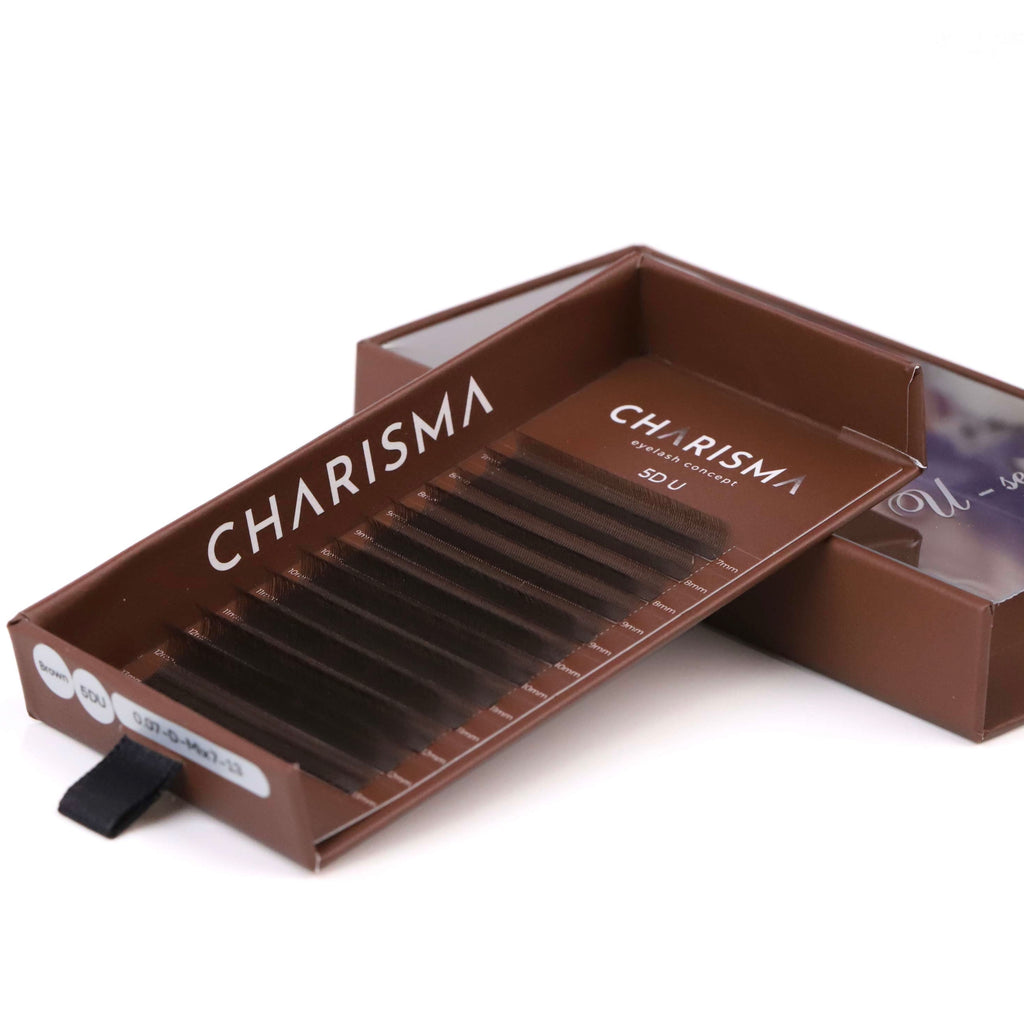 Brown premade fans arranged on a lash strip, SPEEDY U-Series