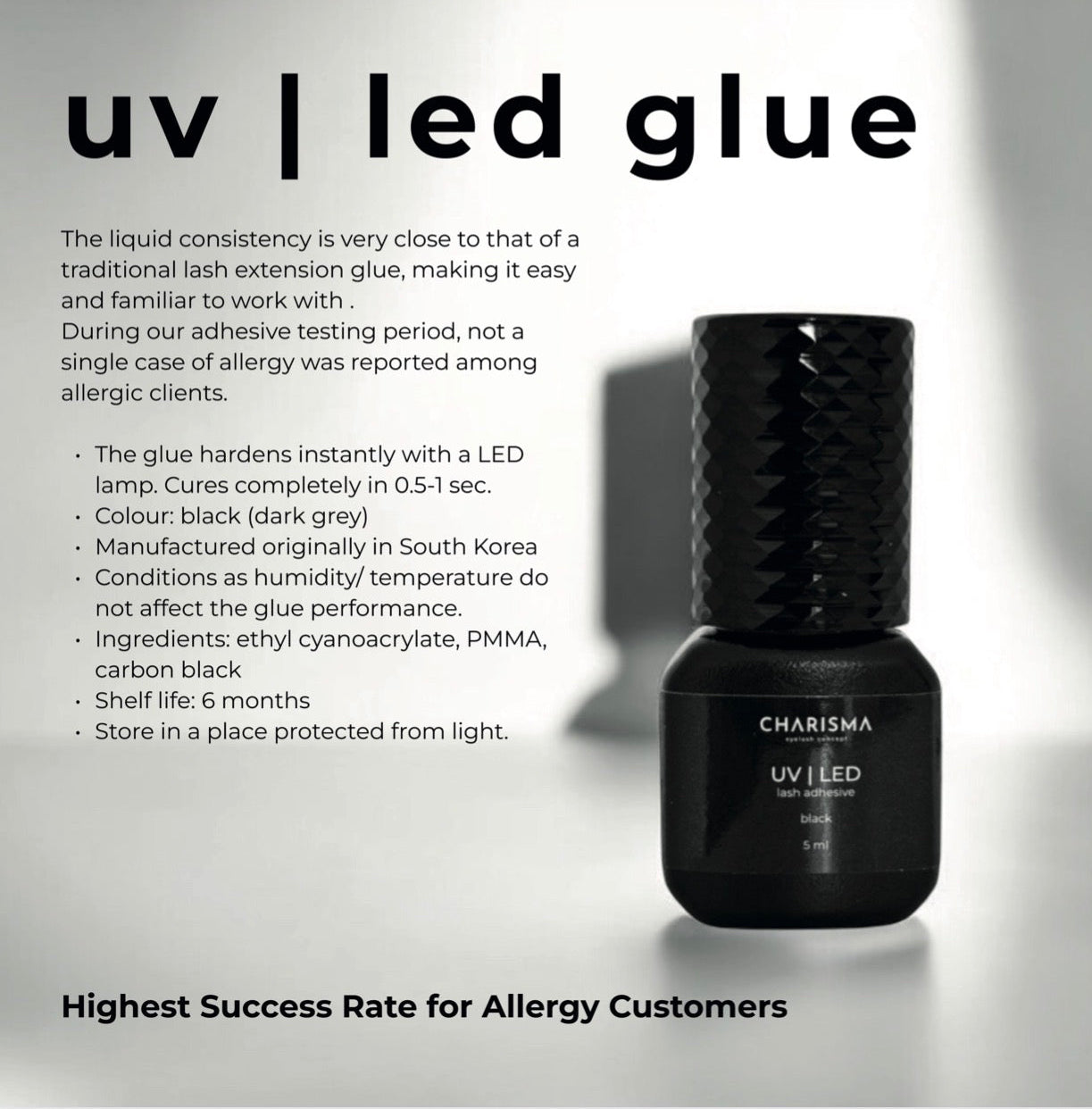 UV LED black lash adhesive used with a curing device