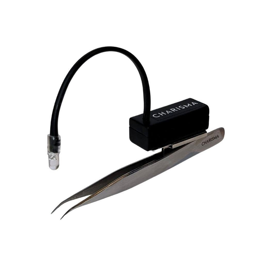 Wireless UV LED curing light mounted on a lash tweezer with foot pedal